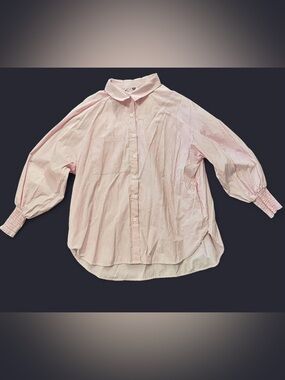 Relaxed Pink Striped Button-Down Shirt with Balloon Sleeves